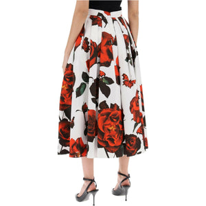 ALEXANDER MCQUEEN White and Tudor Rose Printed Pleated Cotton Midi Skirt JOHN JULIA.