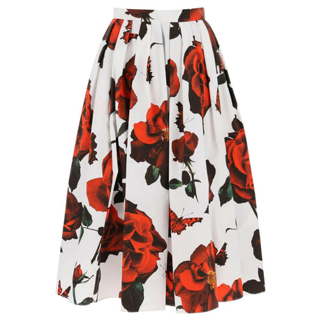 ALEXANDER MCQUEEN White and Tudor Rose Printed Pleated Cotton Midi Skirt JOHN JULIA.