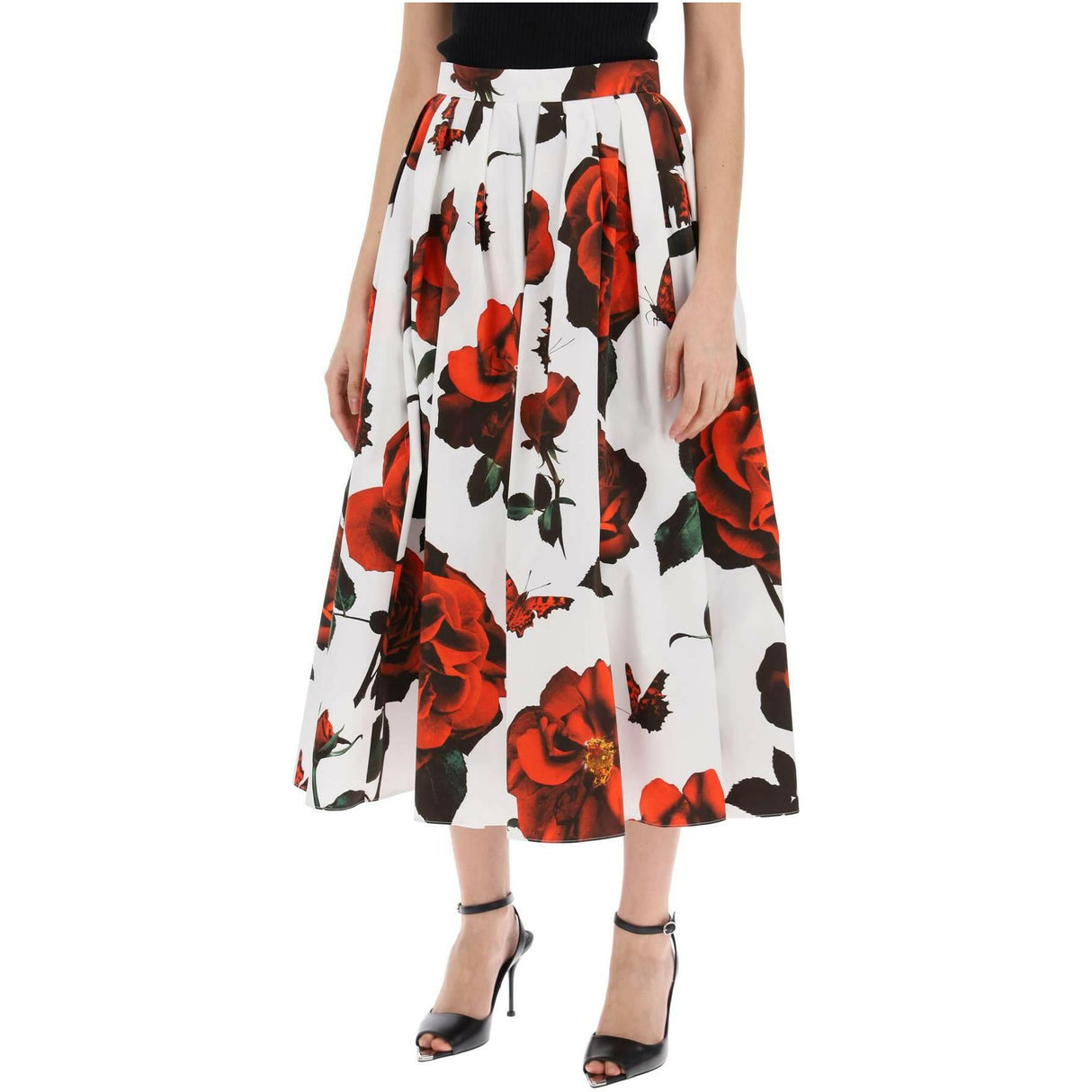 ALEXANDER MCQUEEN White and Tudor Rose Printed Pleated Cotton Midi Skirt JOHN JULIA.