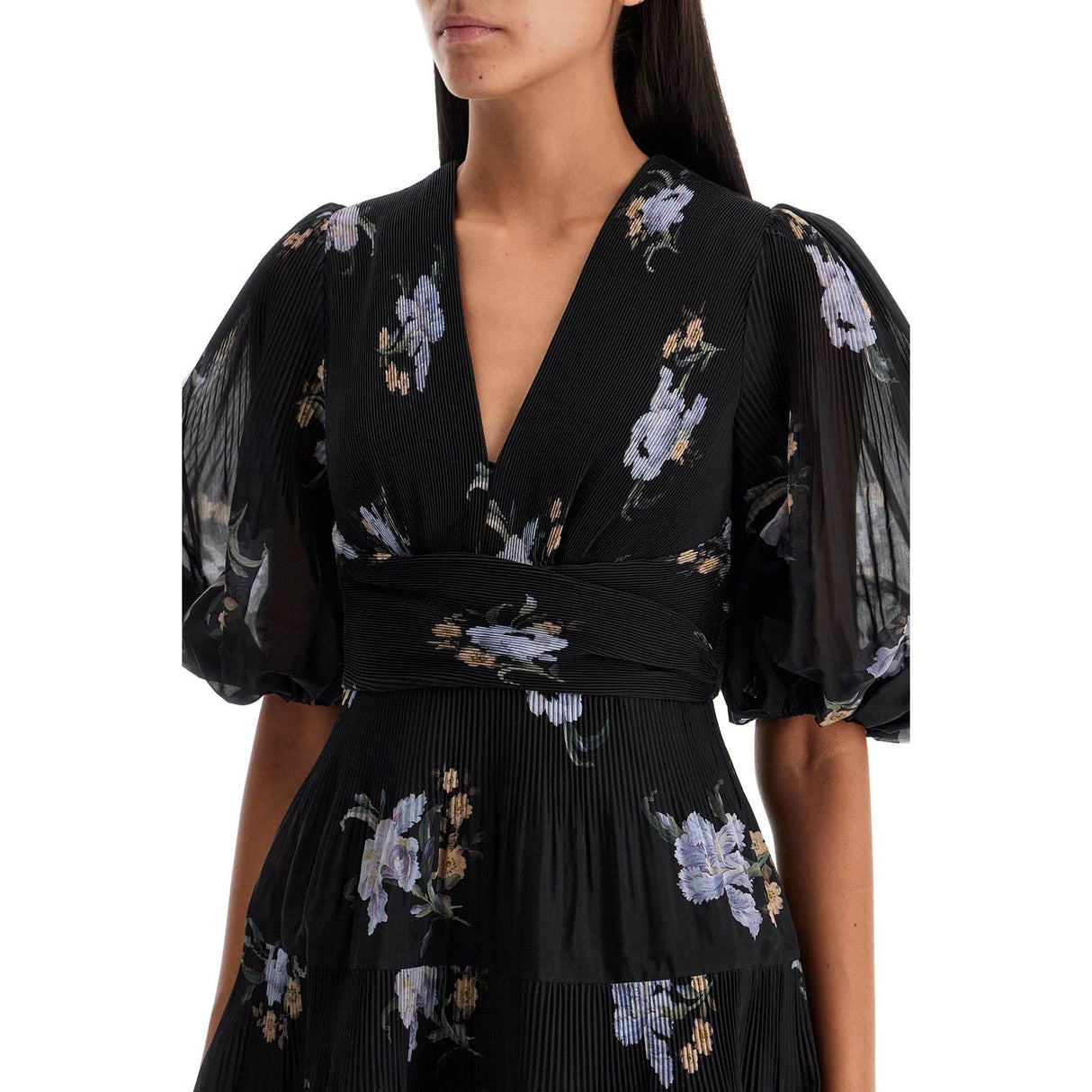 Pleated Floral Organza Mini Dress