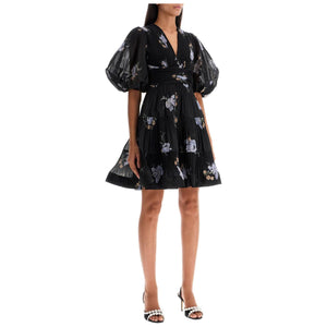 Pleated Floral Organza Mini Dress