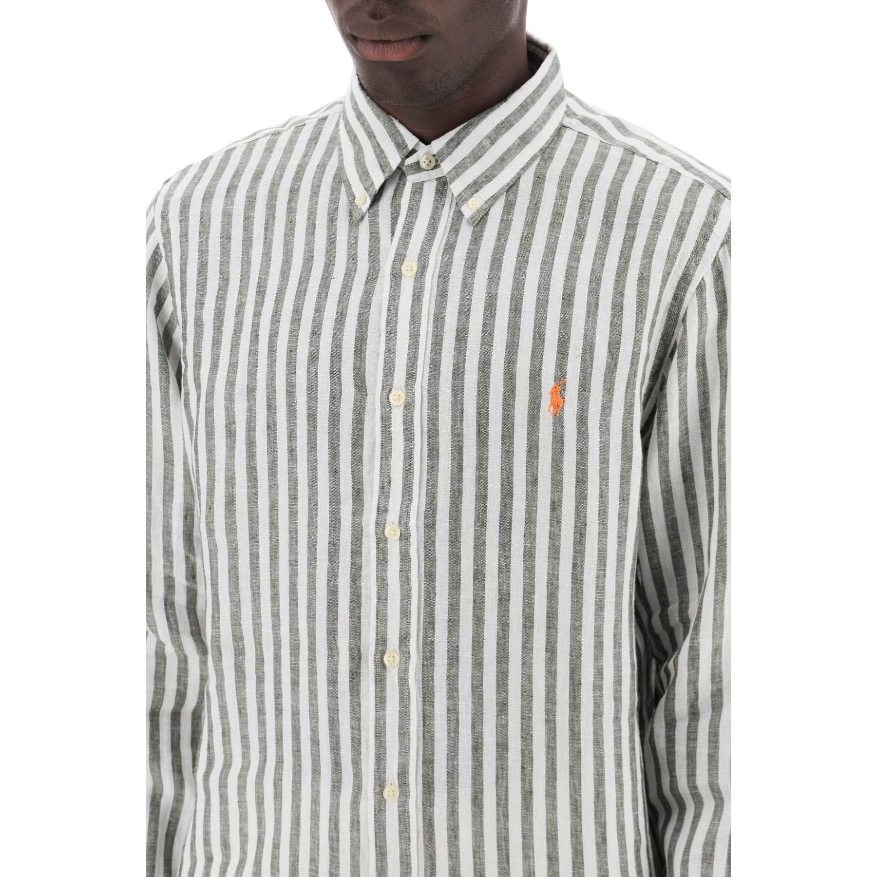 White and Olive Striped Custom-Fit Linen Shirt