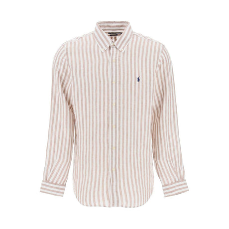 White and Khaki Striped Custom-Fit Linen Shirt.