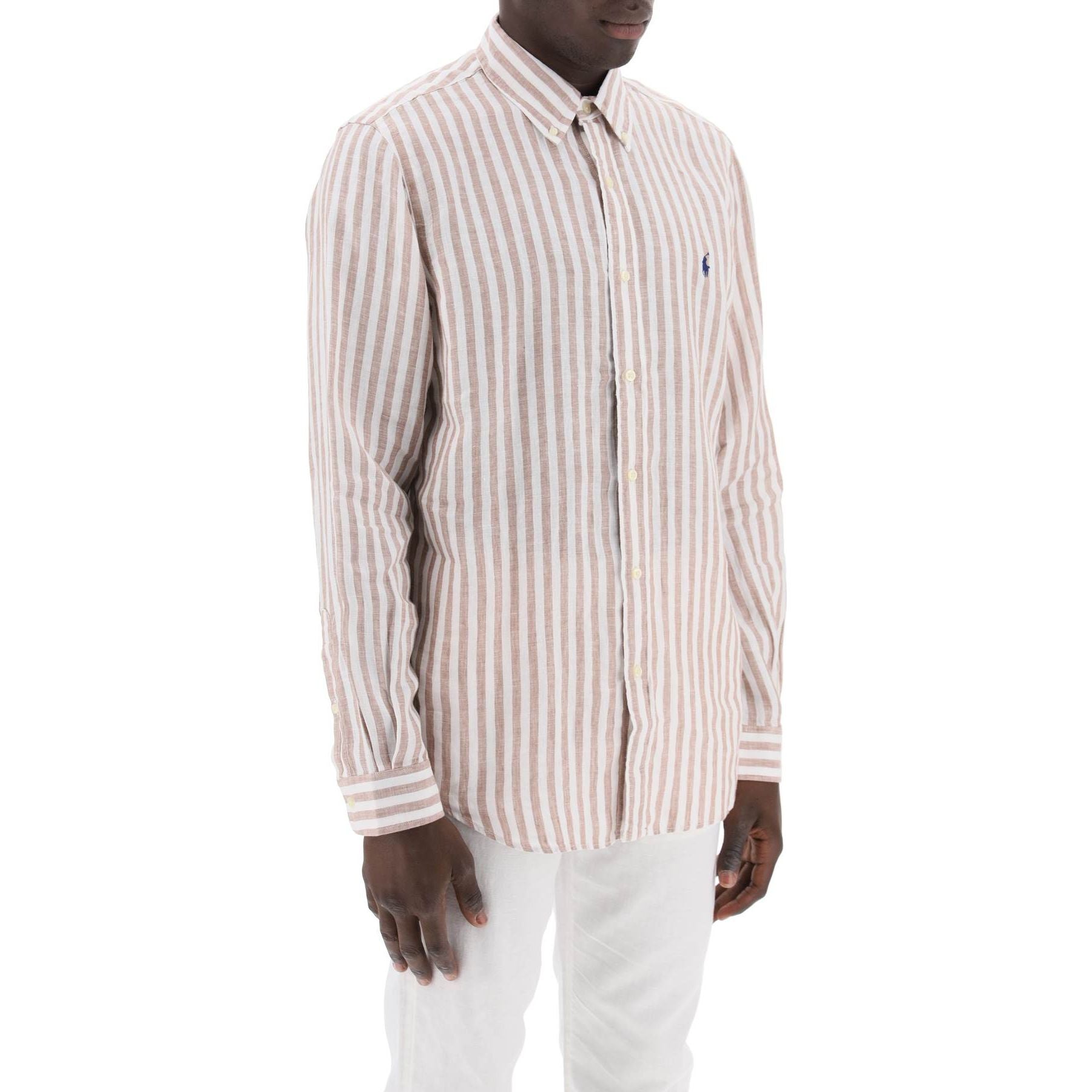White and Khaki Striped Custom-Fit Linen Shirt