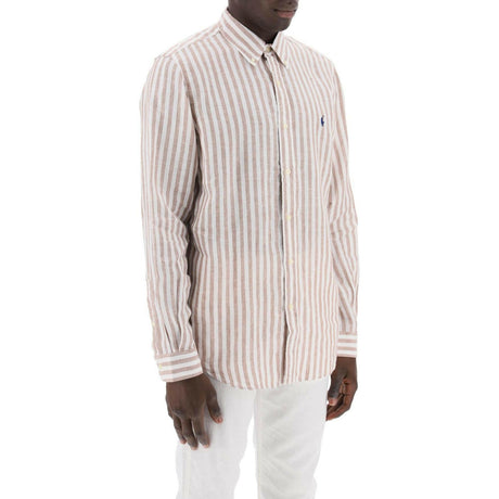 White and Khaki Striped Custom-Fit Linen Shirt.