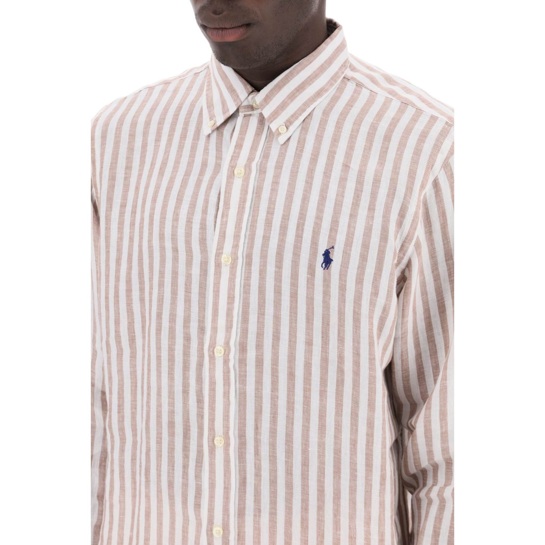 White and Khaki Striped Custom-Fit Linen Shirt