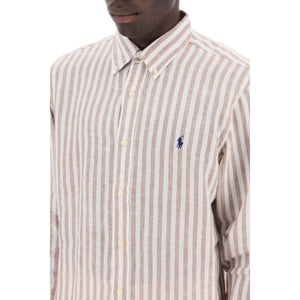 White and Khaki Striped Custom-Fit Linen Shirt.