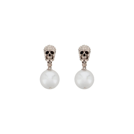 Pearl Skull Earrings With Crystal Pavé