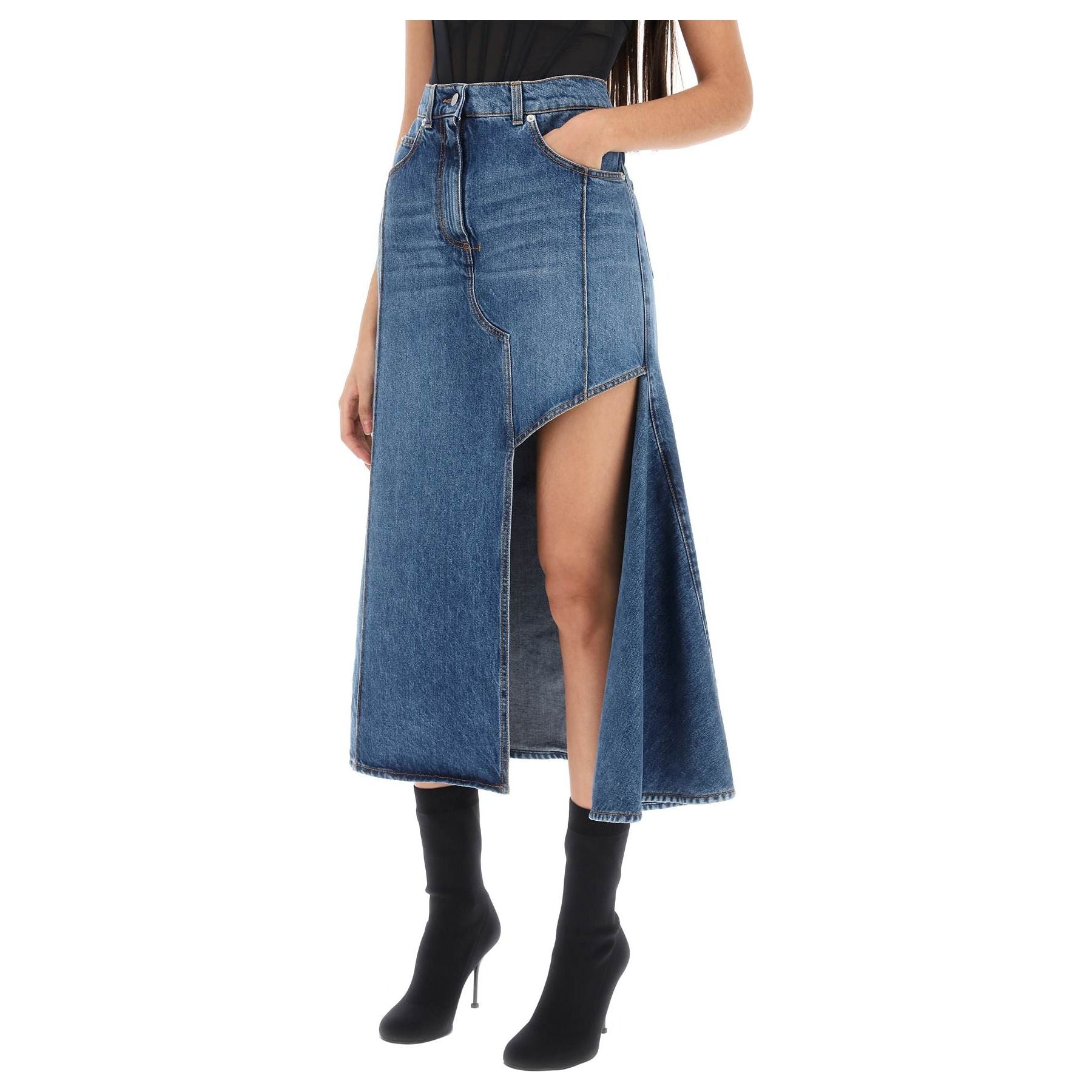 Stone-Washed Denim Skirt with Cut Out
