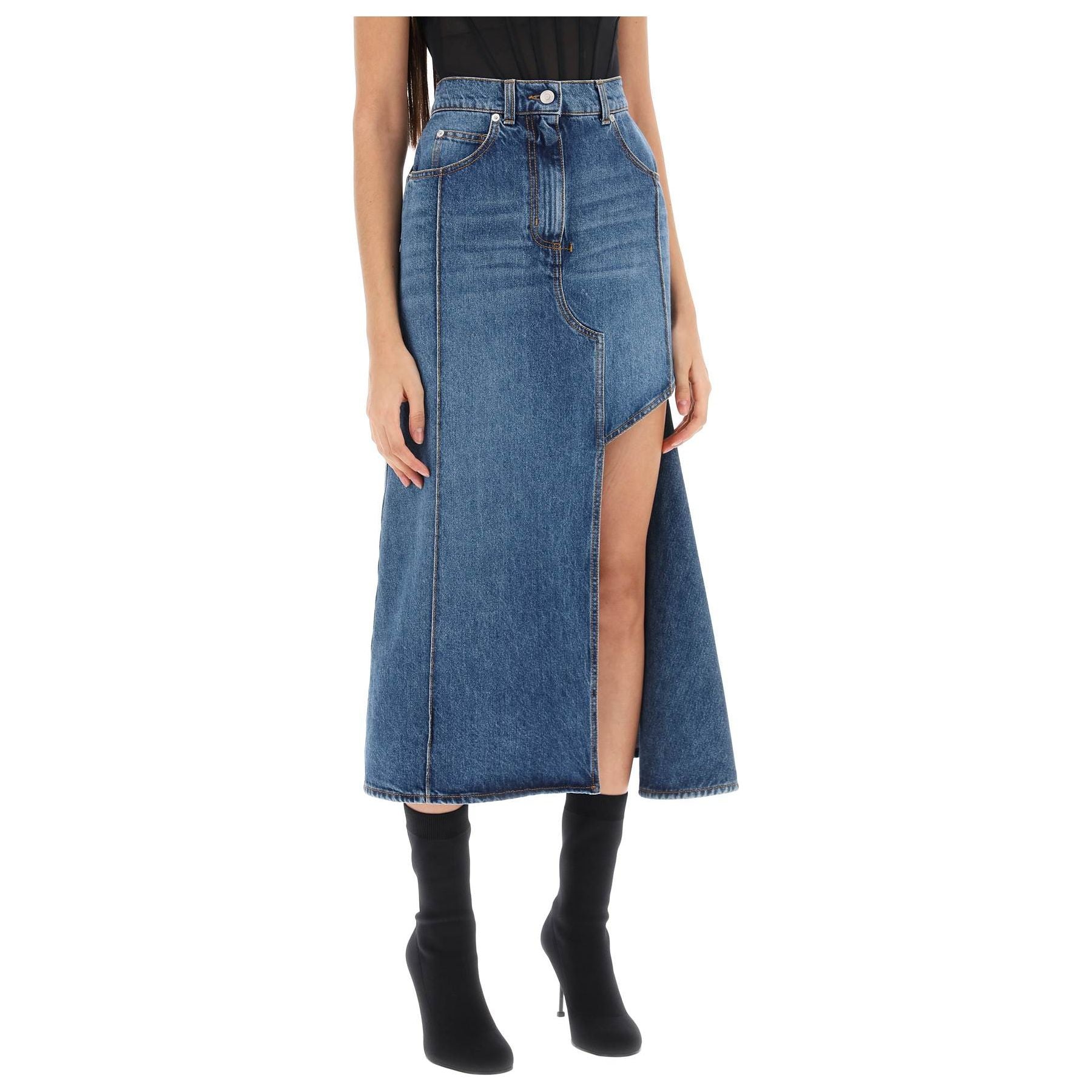 Stone-Washed Denim Skirt with Cut Out