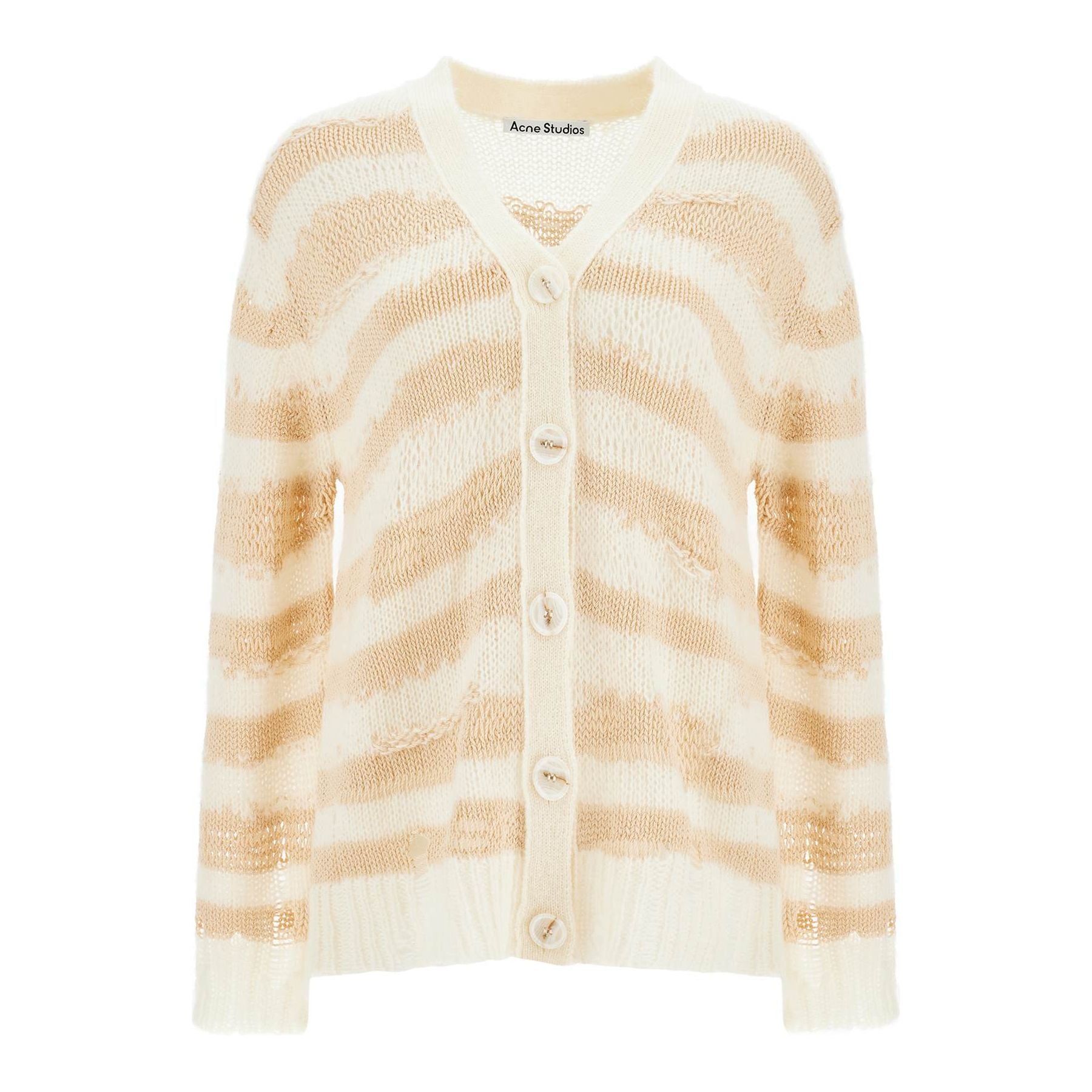 Cotton and Mohair Blend Striped Distressed Cardigan