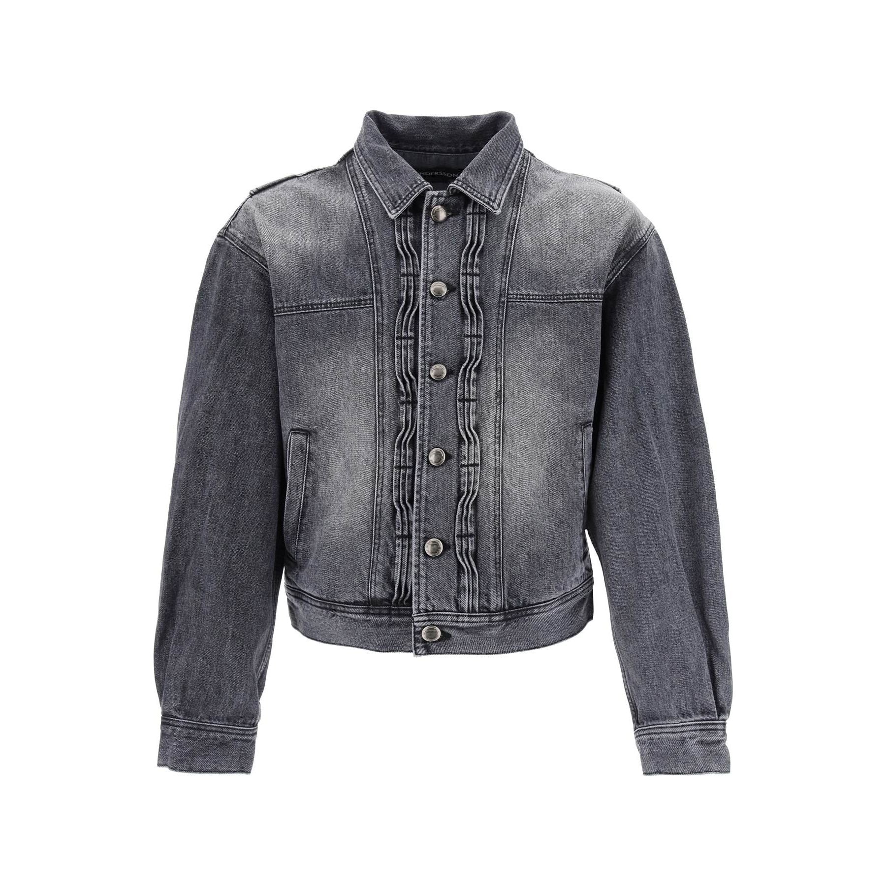 Stone-Washed Cotton Denim Jacket with Wavy Details