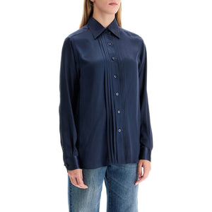 Silk Charmeuse Blouse Shirt Fluid Pleated Front Button Closure