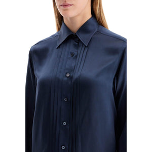 Silk Charmeuse Blouse Shirt Fluid Pleated Front Button Closure