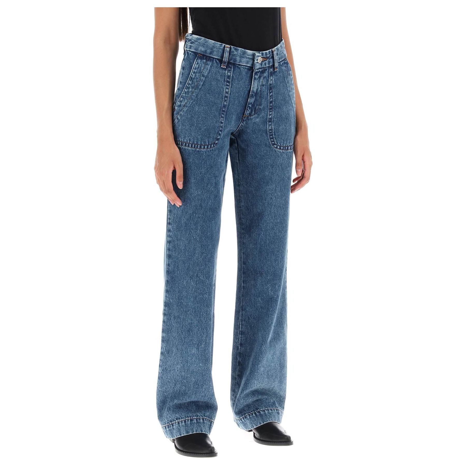 Stone-Washed Pure Cotton Seaside Wide-Leg Jeans
