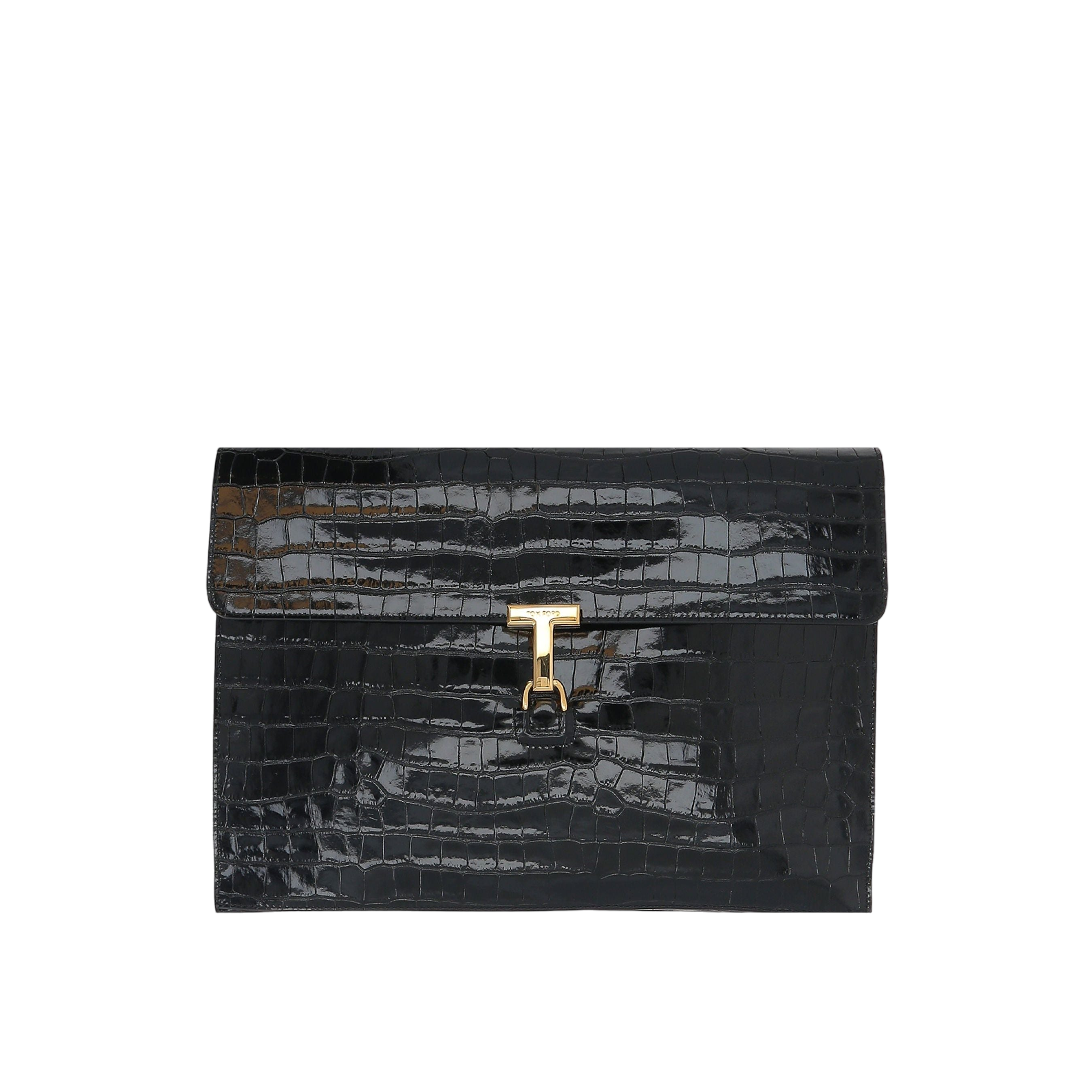 Crocodile Embossed Leather T Pin Clutch-TOM FORD-JOHN JULIA