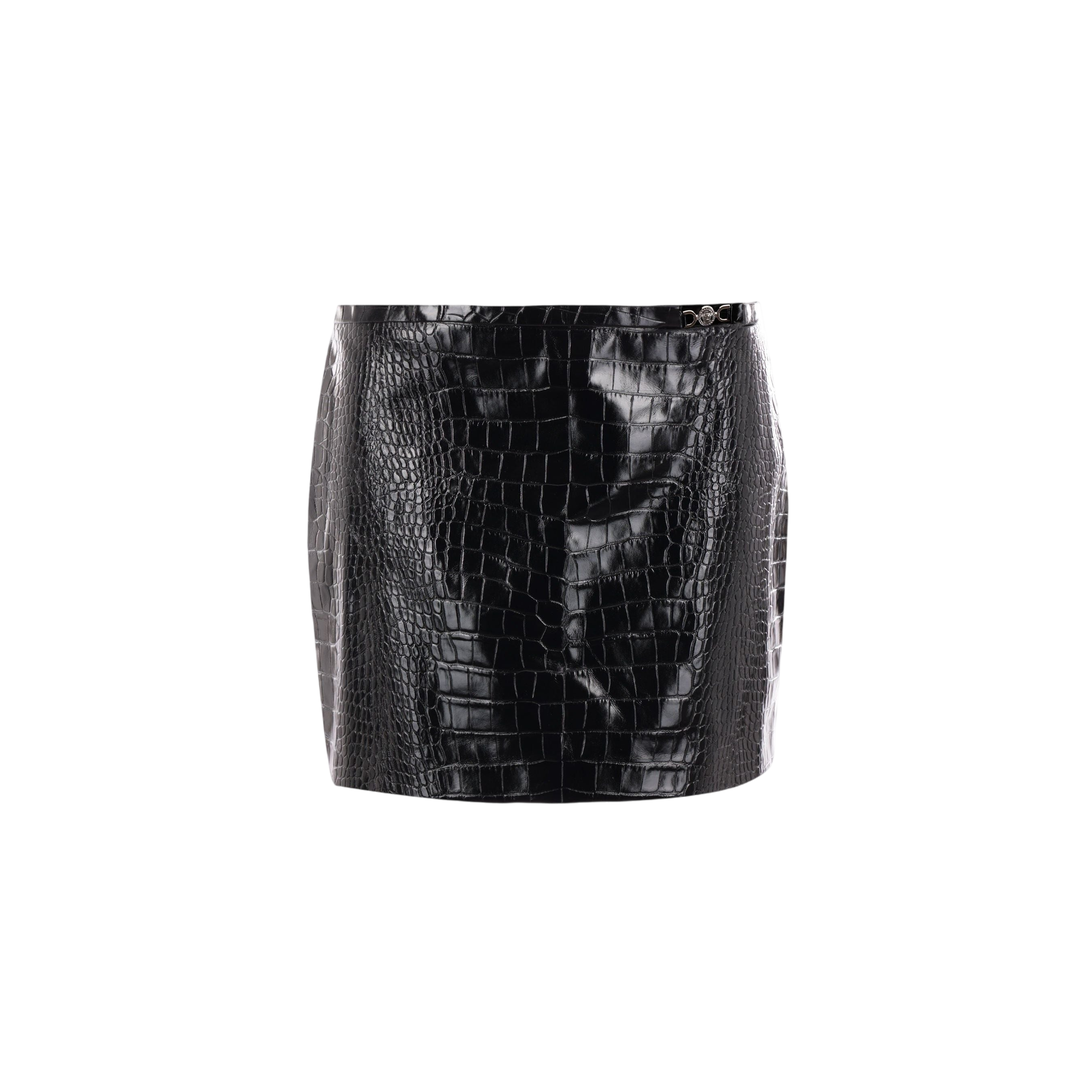 Crocodile-effect Shiny Leather Miniskirt-VERSACE-JOHN JULIA