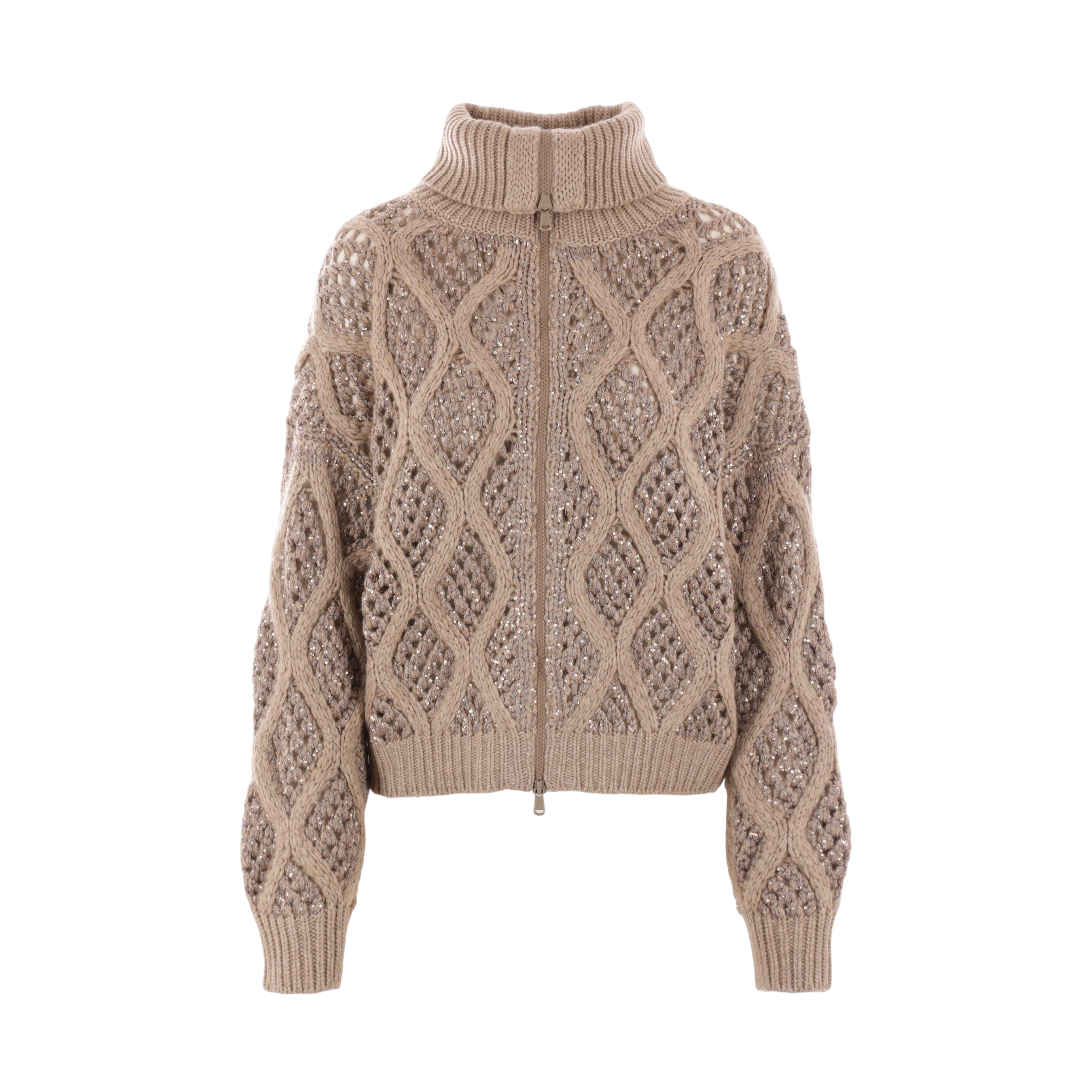 Dazzling Net & Cable Cashmere Full-zip Cardigan-BRUNELLO CUCINELLI-JOHN JULIA