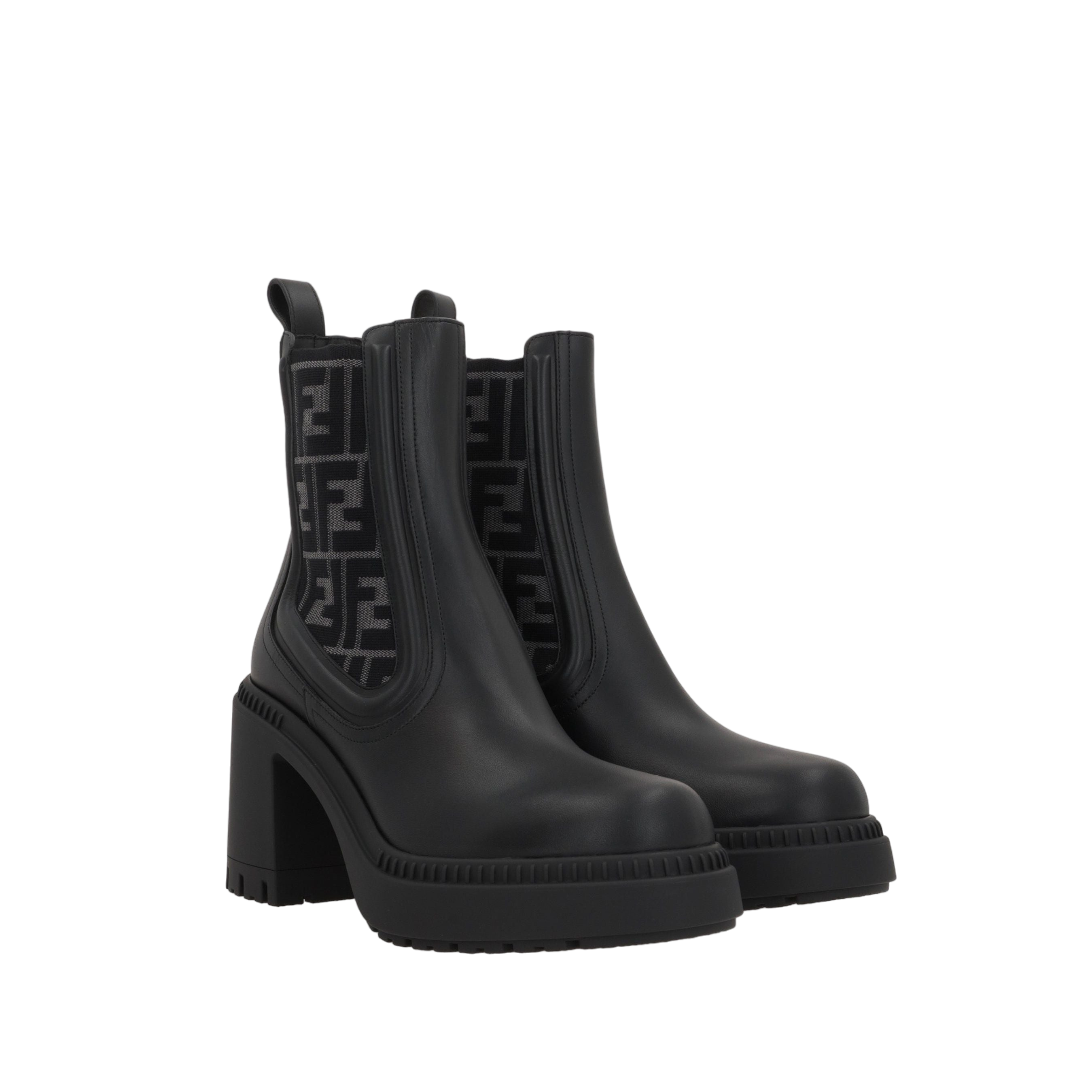 Domino Biker Boots In Smooth Leather and Ff Fabric-FENDI-JOHN JULIA