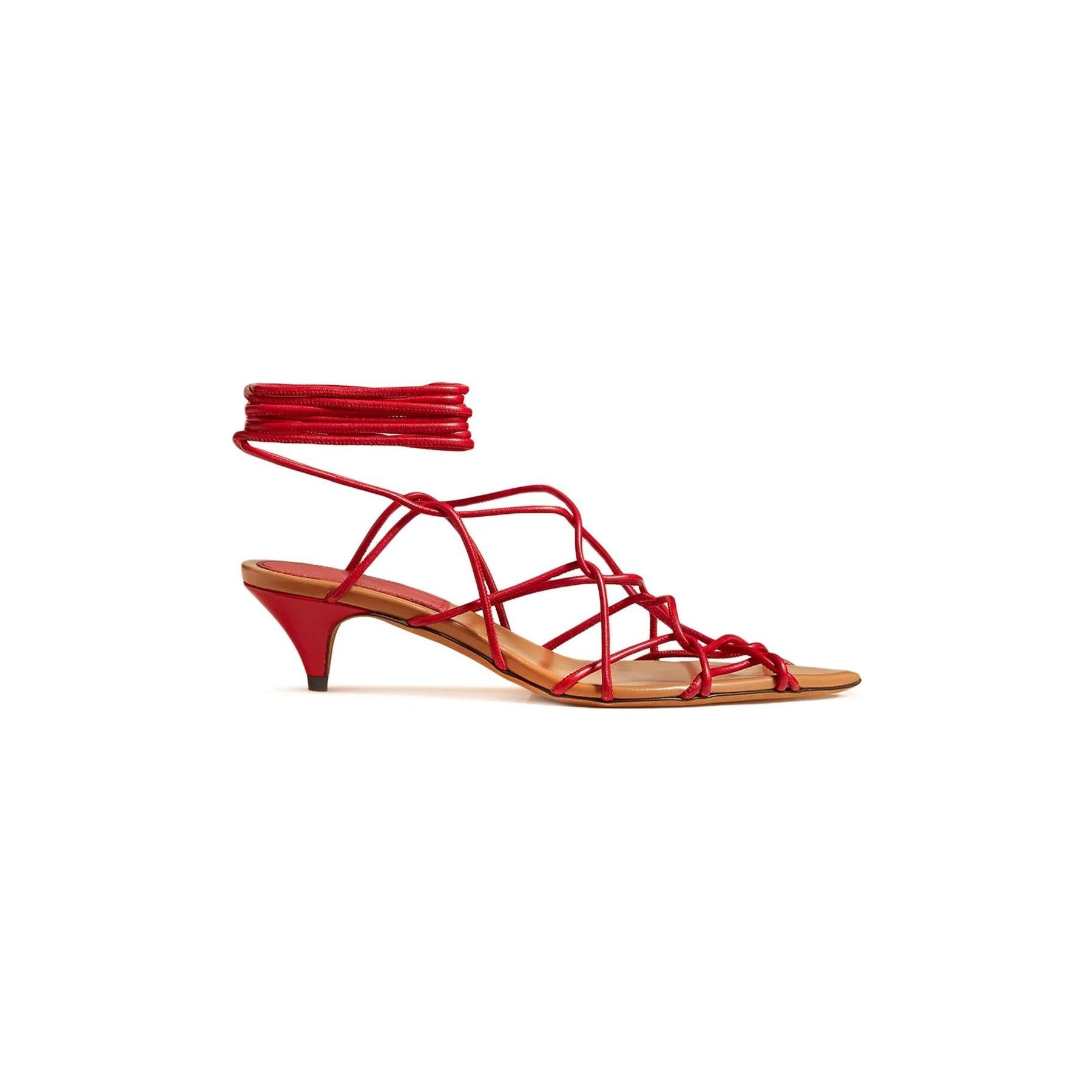 Arden Low Strappy Caged Ankle-Tie Sandals