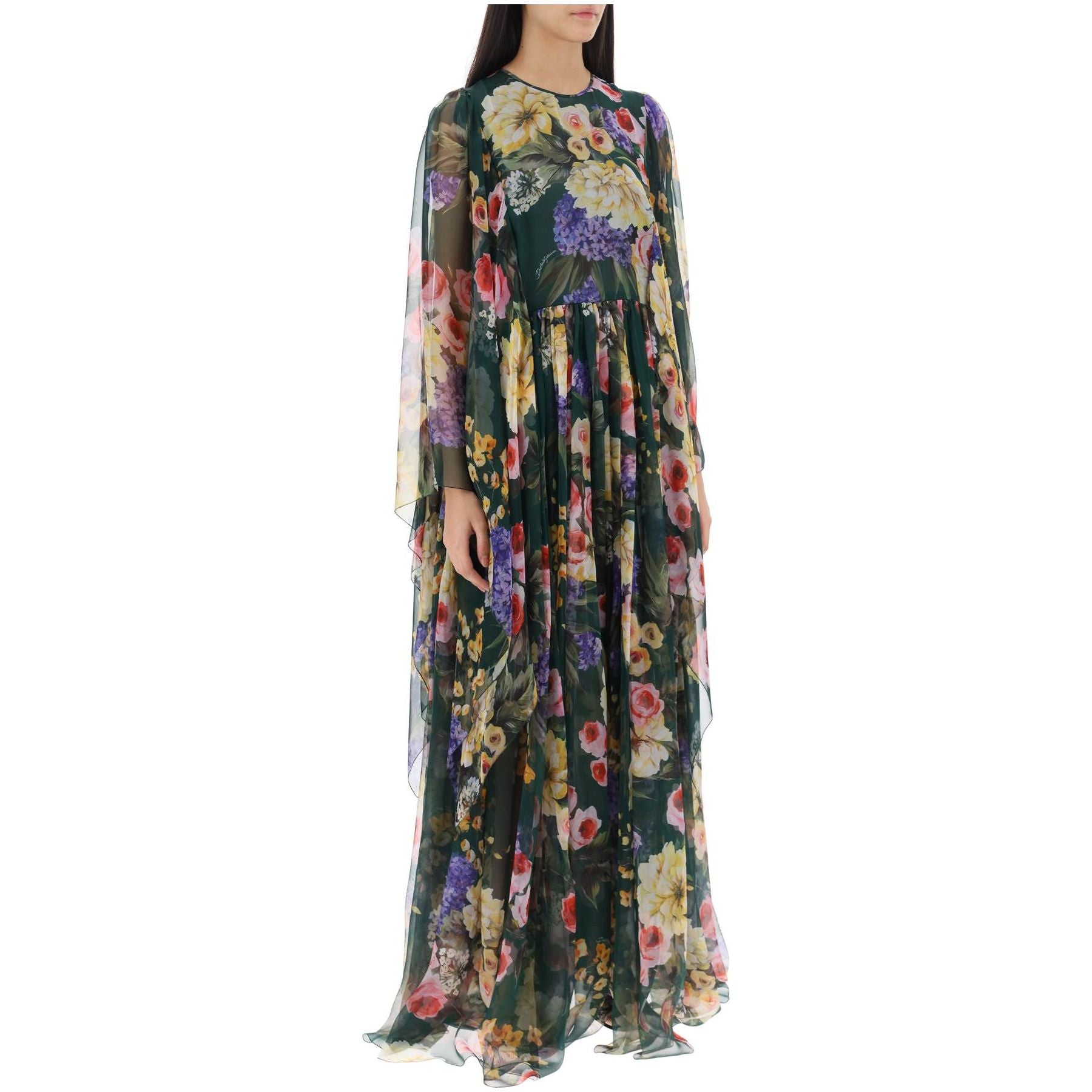 Long Garden Print Chiffon Dress