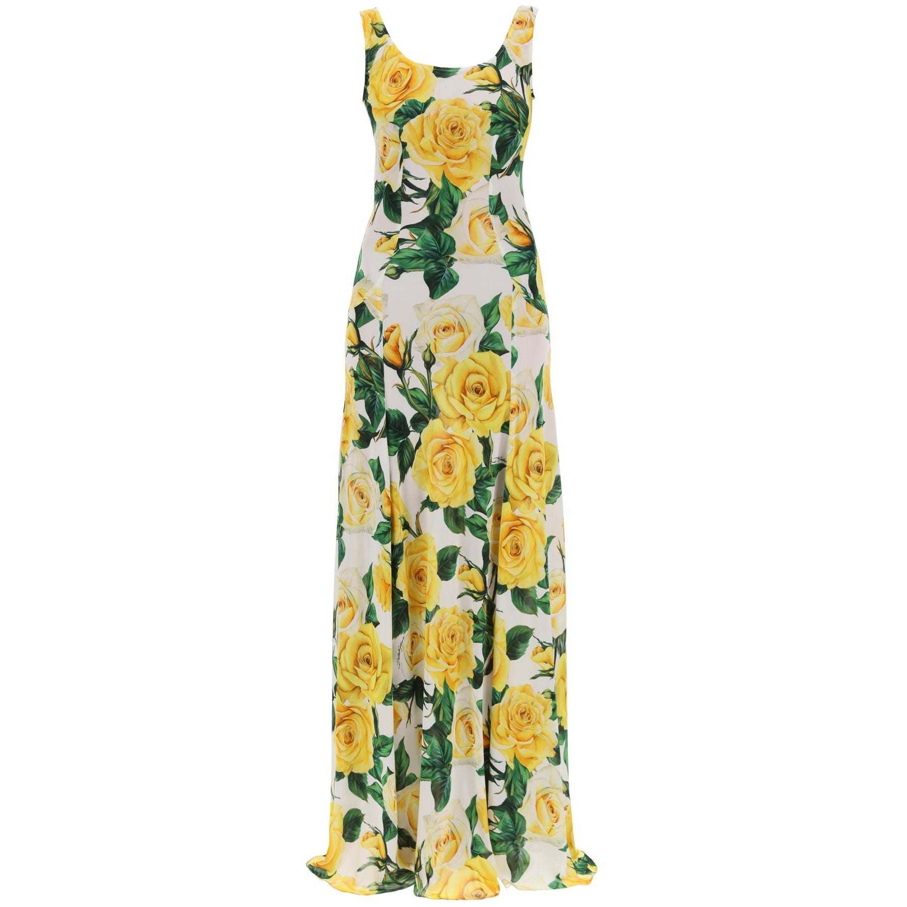 Yellow Rose Print Round-Neck Long Organzine Dress