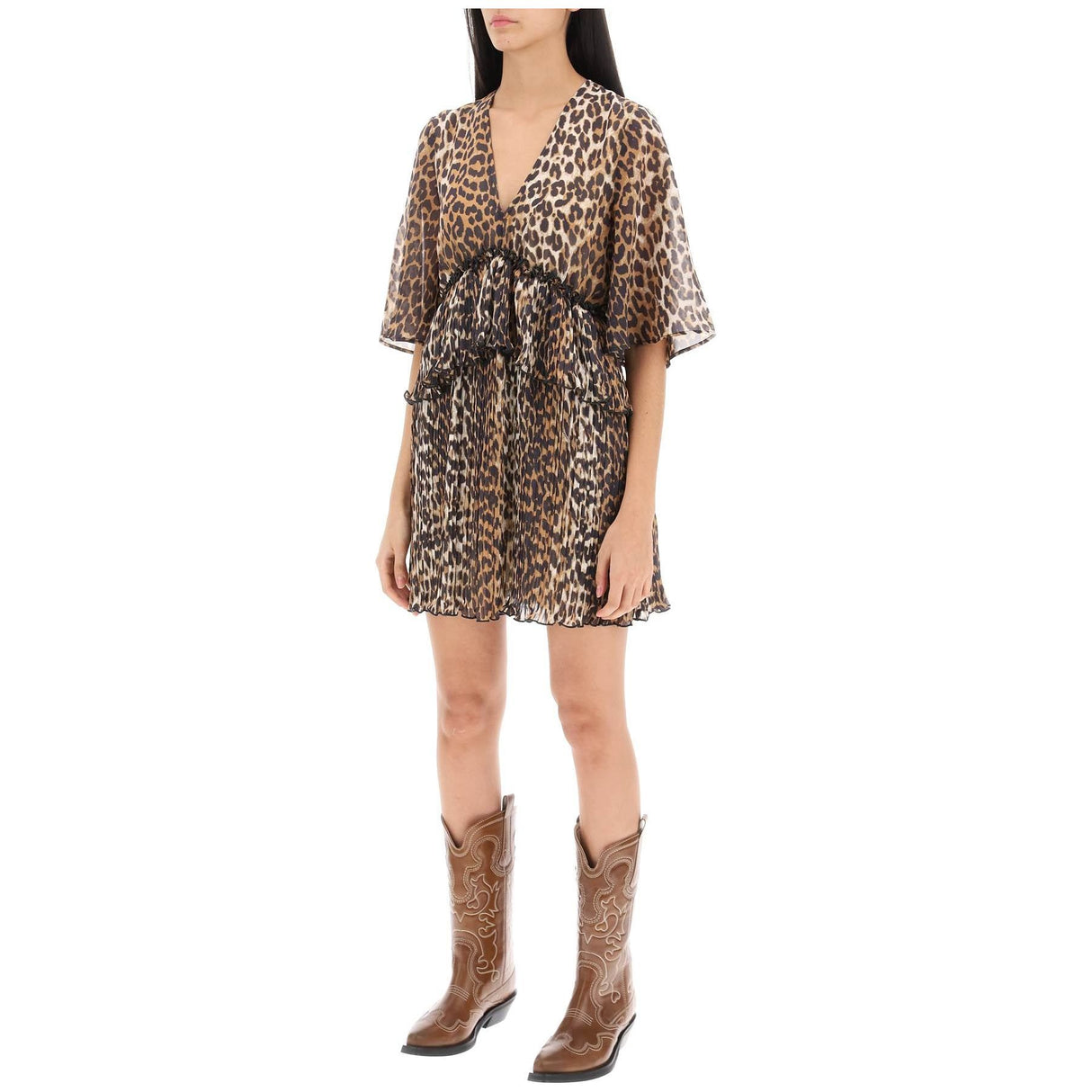 Leopard Pleated Georgette Mini Dress