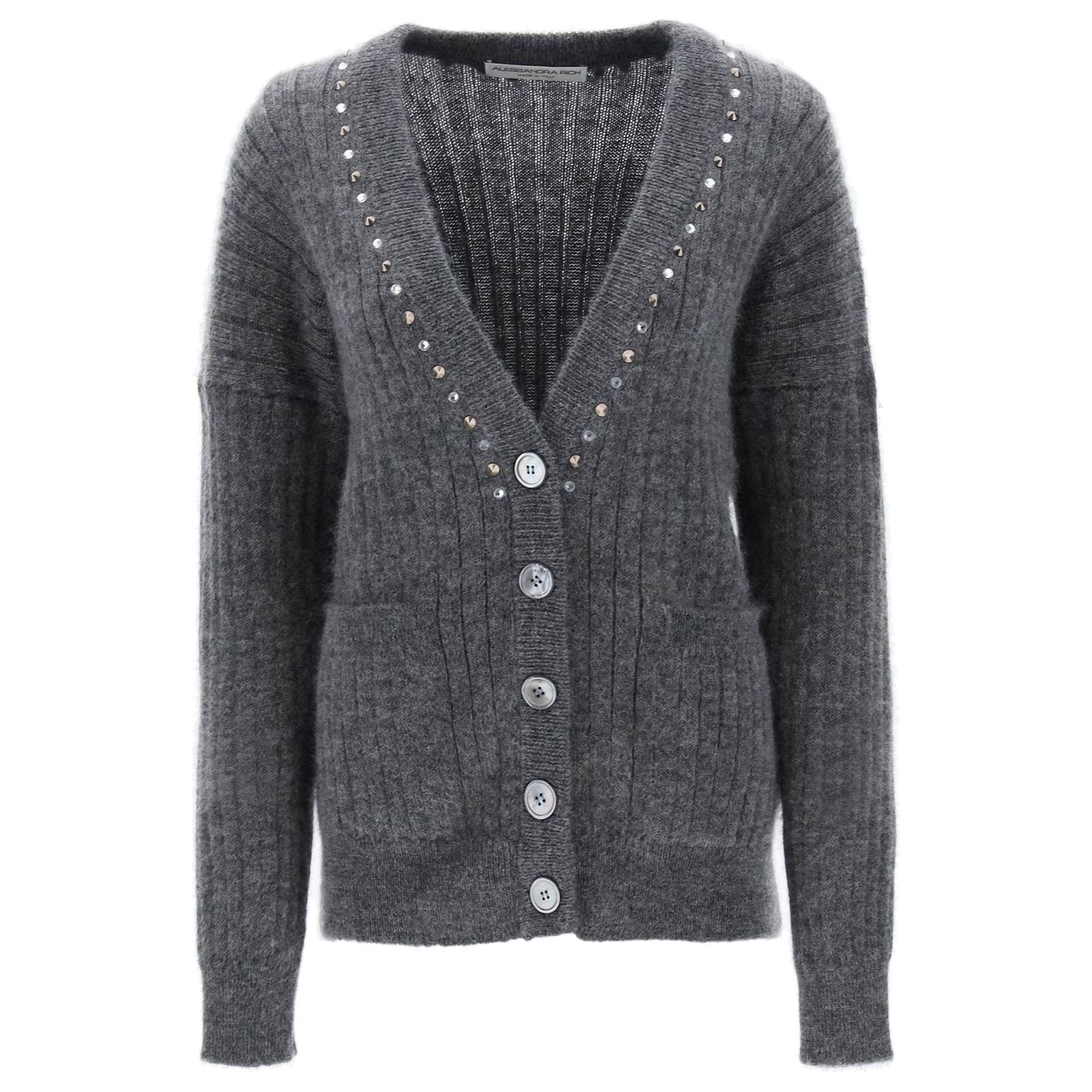 Virgin Wool Blend Ribbed Cardigan with Studs and Crystals