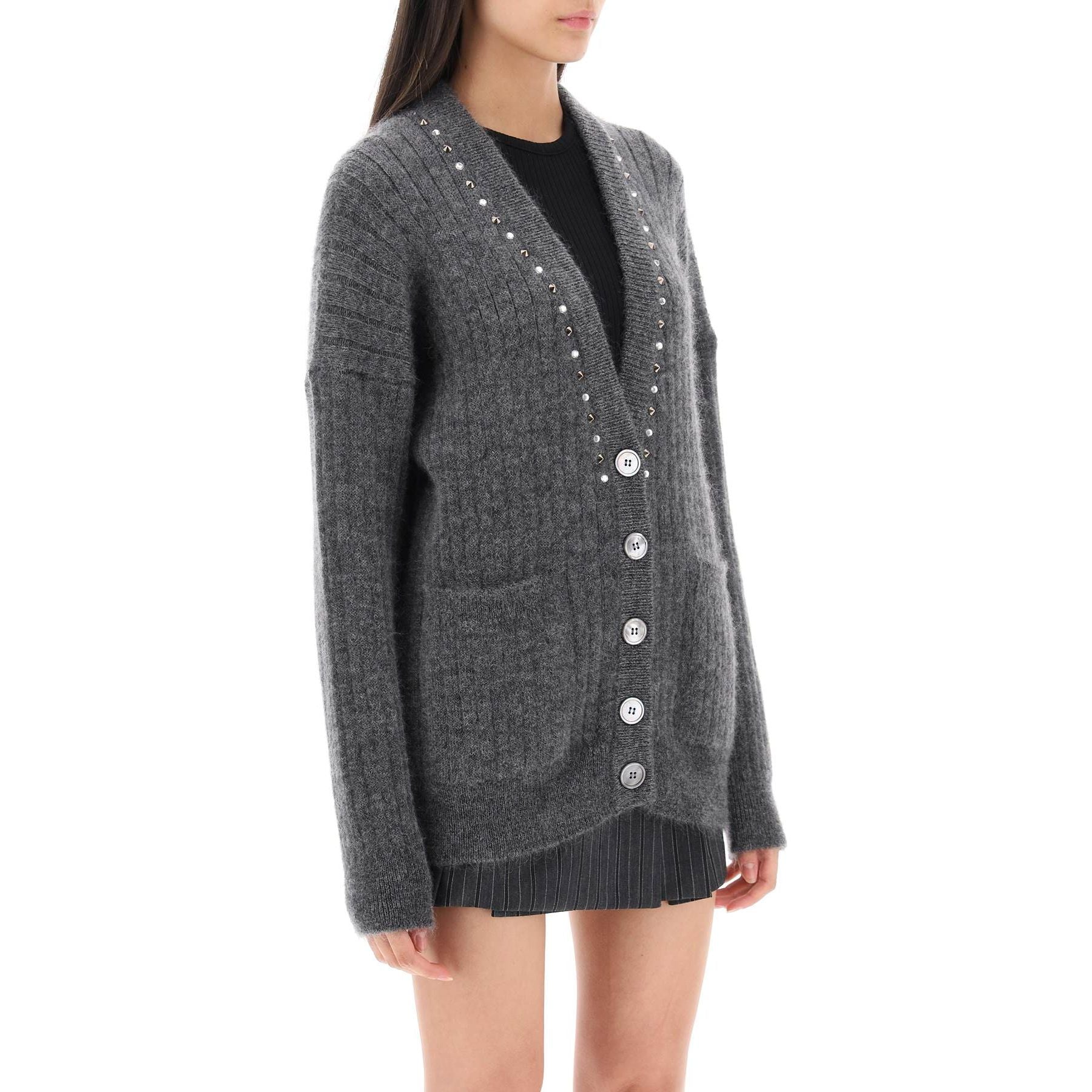 Virgin Wool Blend Ribbed Cardigan with Studs and Crystals
