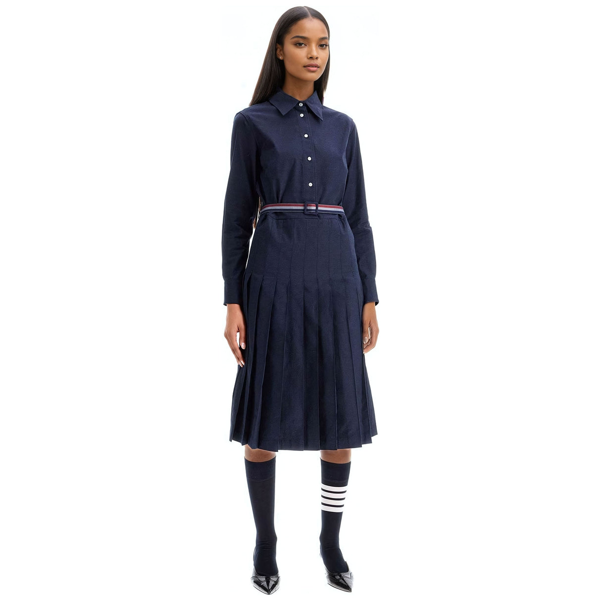 THOM BROWNE-Long Sleeve Pleated Cotton Shirtdress -JOHN JULIA.