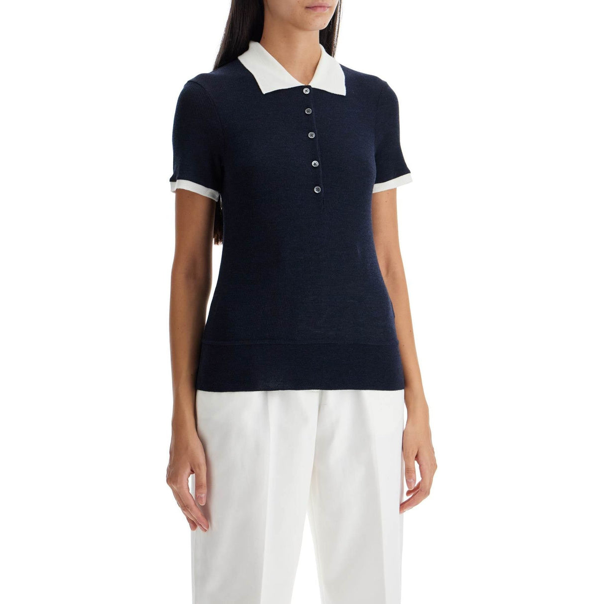 THOM BROWNE-Short Sleeved Wool Polo Shirt -JOHN JULIA.