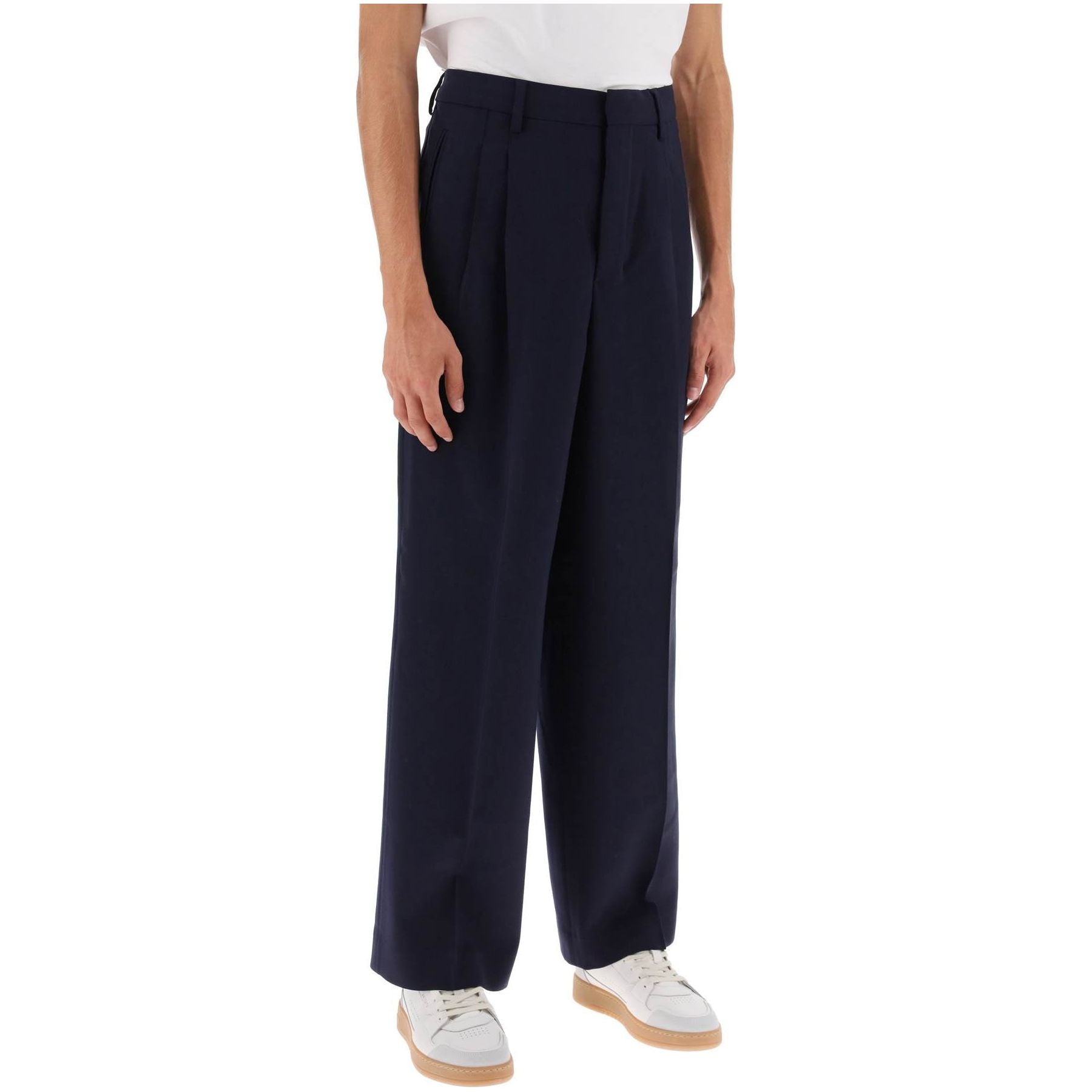Virgin Wool Blend Loose Fit Pants with Straight Cut