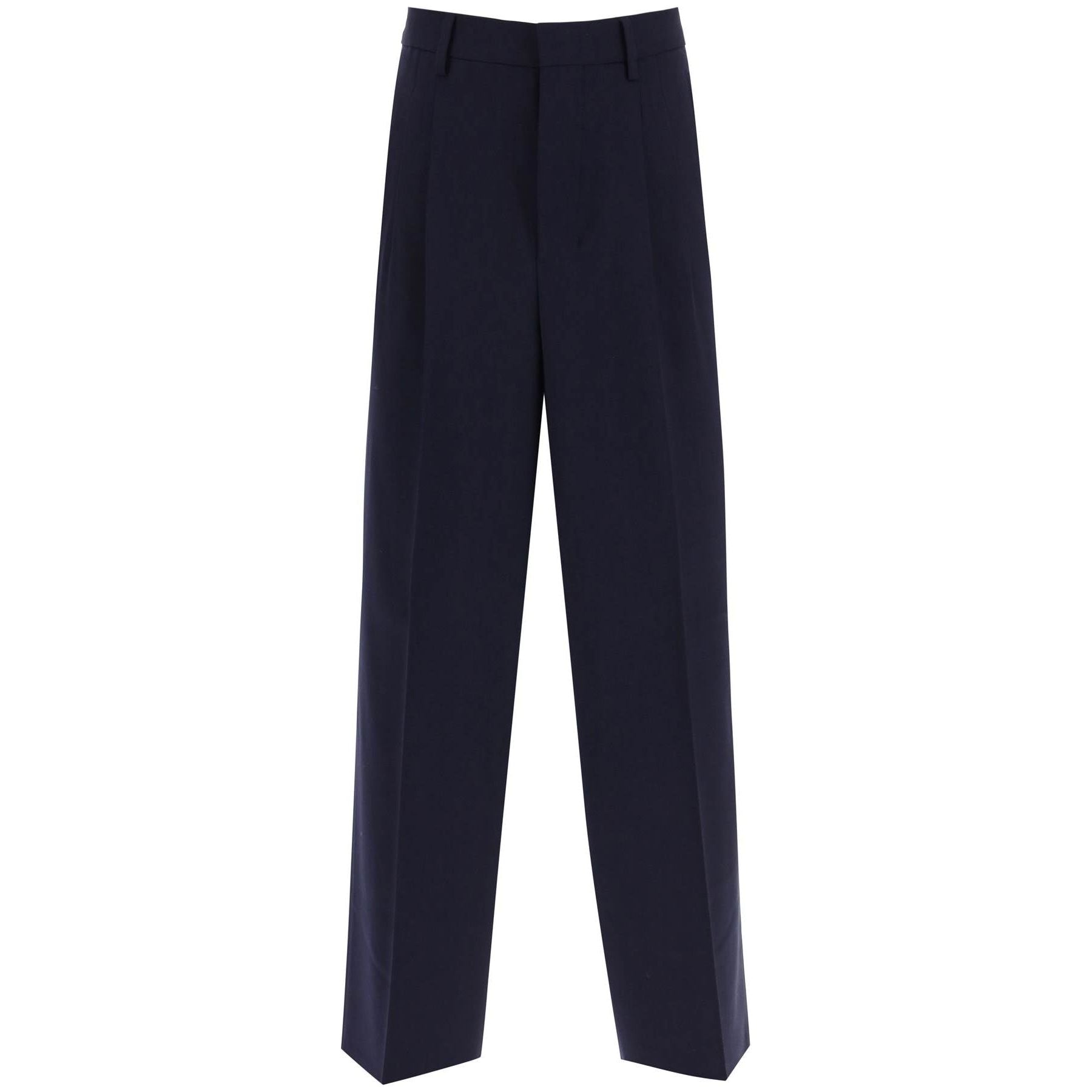 Virgin Wool Blend Loose Fit Pants with Straight Cut