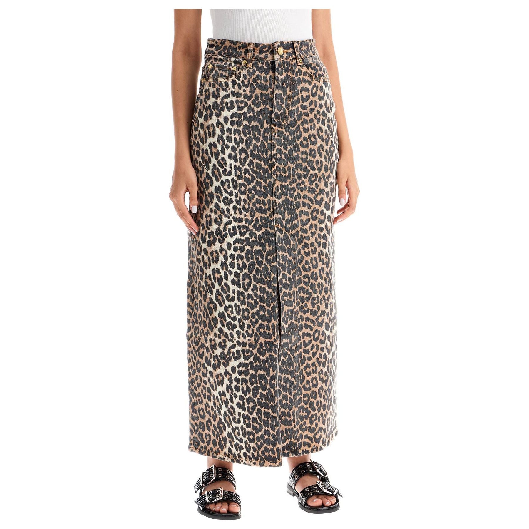 Organic Leopard Print Denim Slit Skirt