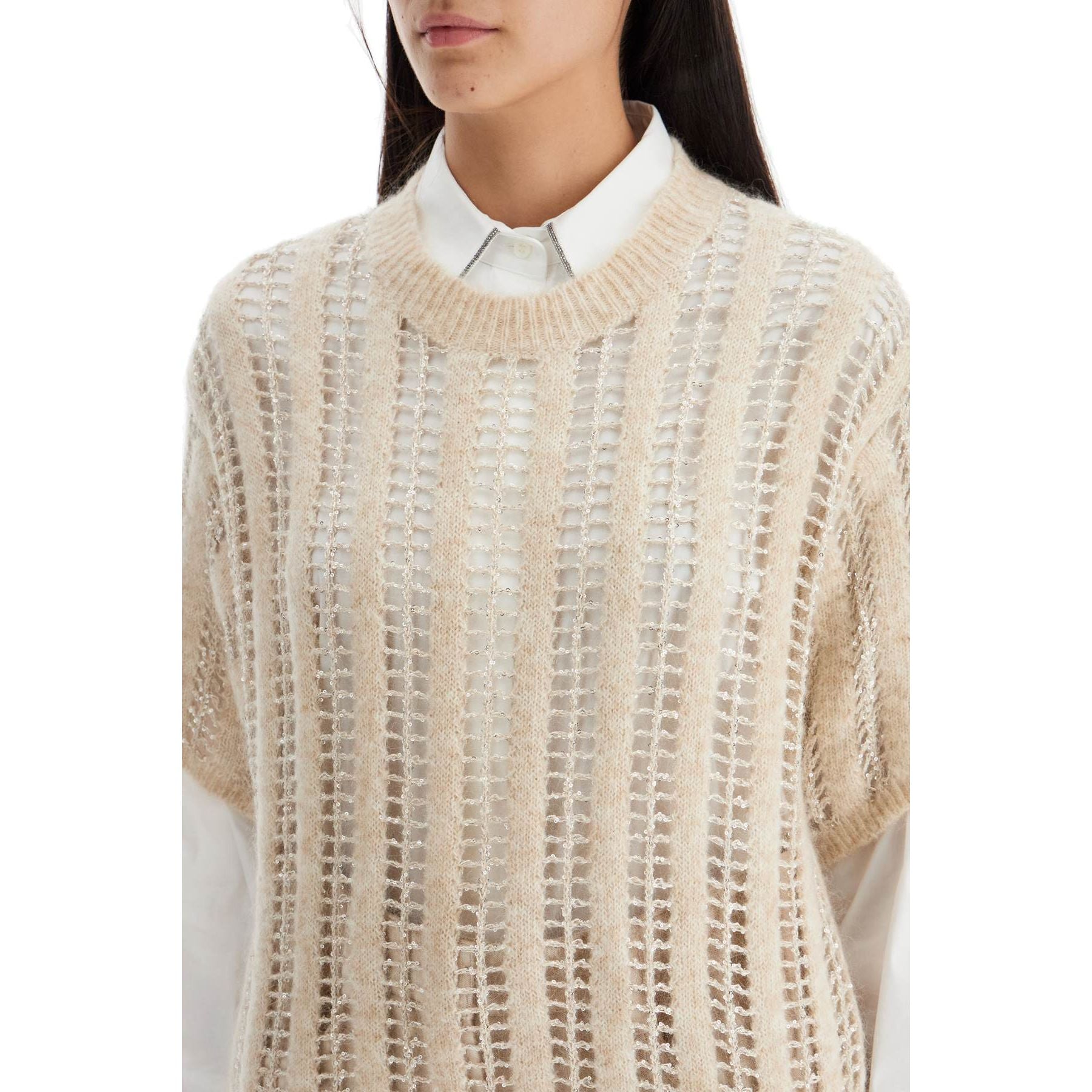 Wool and Mohair Short Sleeve Dazzling Net Sweater