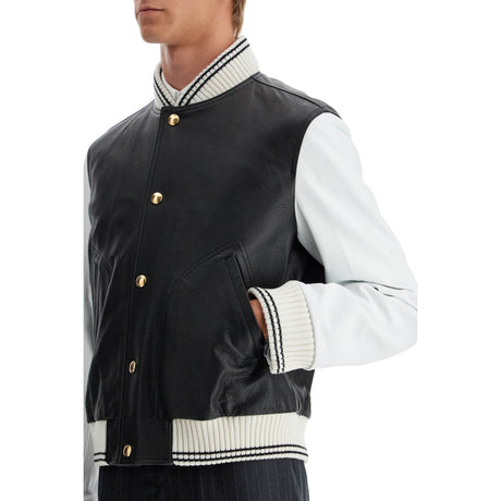 THOM BROWNE-Leather Varsity Bomber Jacket -JOHN JULIA.