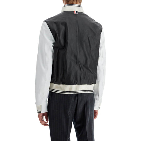 THOM BROWNE-Leather Varsity Bomber Jacket -JOHN JULIA.