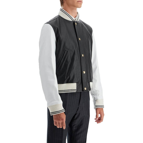 THOM BROWNE-Leather Varsity Bomber Jacket -JOHN JULIA.