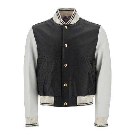 THOM BROWNE-Leather Varsity Bomber Jacket -JOHN JULIA.