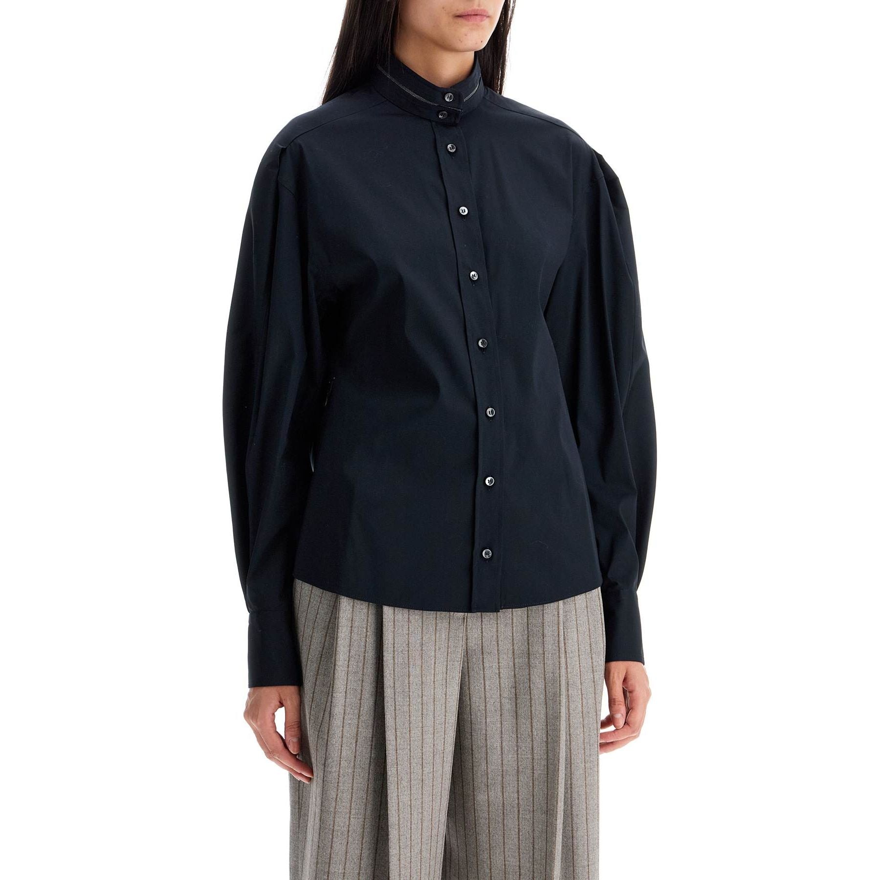 Monili-Collar Puff-Sleeve Poplin Shirt