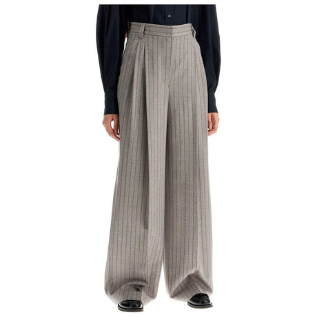 Wool Mouliné Chalk Stripe High Waist Wide Trousers.