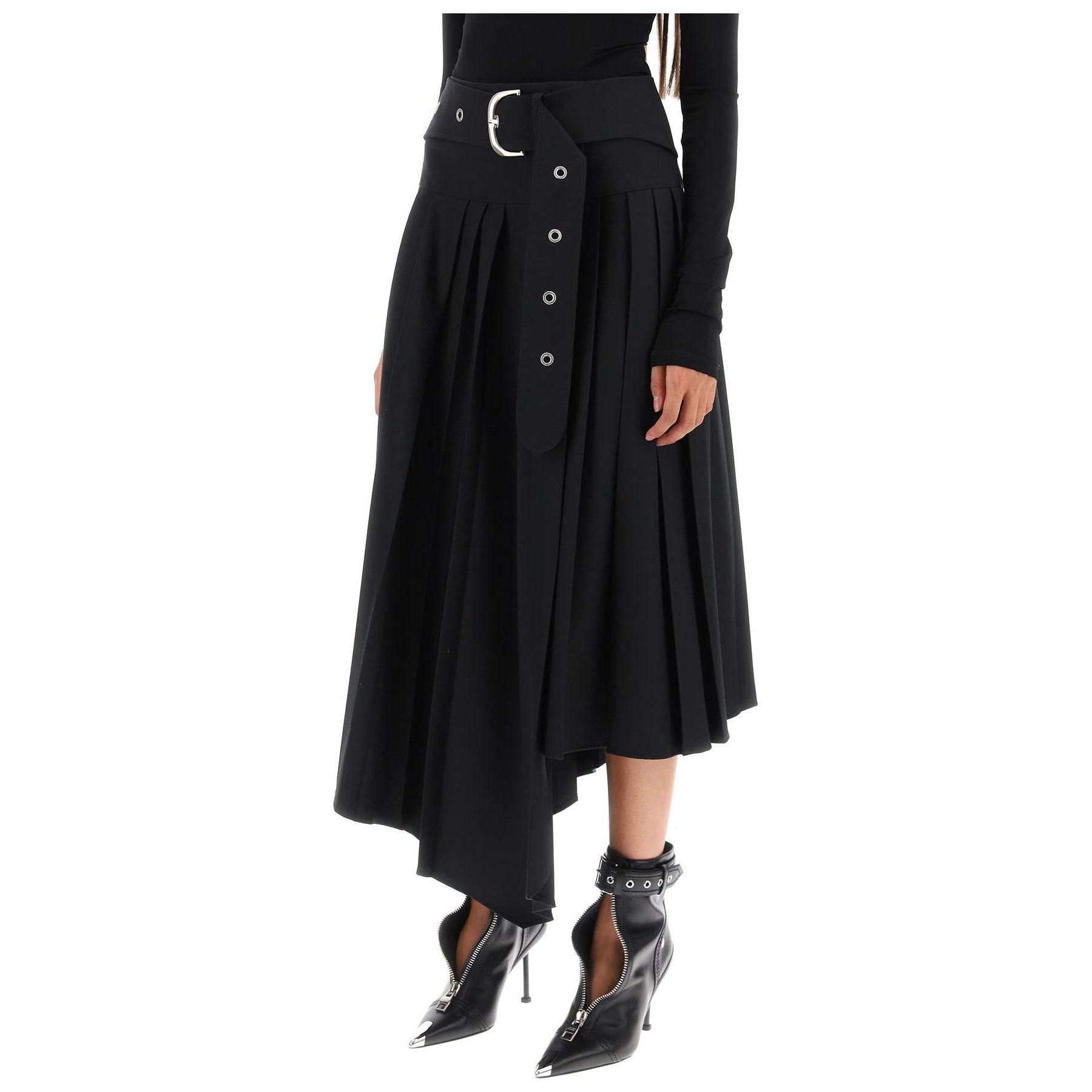Belted Tech Drill Pleated Skirt