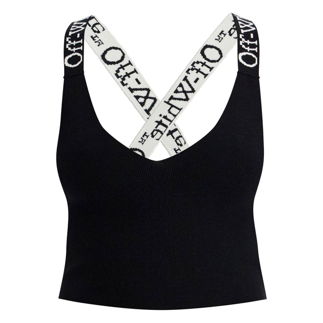 OFF-WHITE-Knitted Crop Top With Branded Straps -JOHN JULIA.