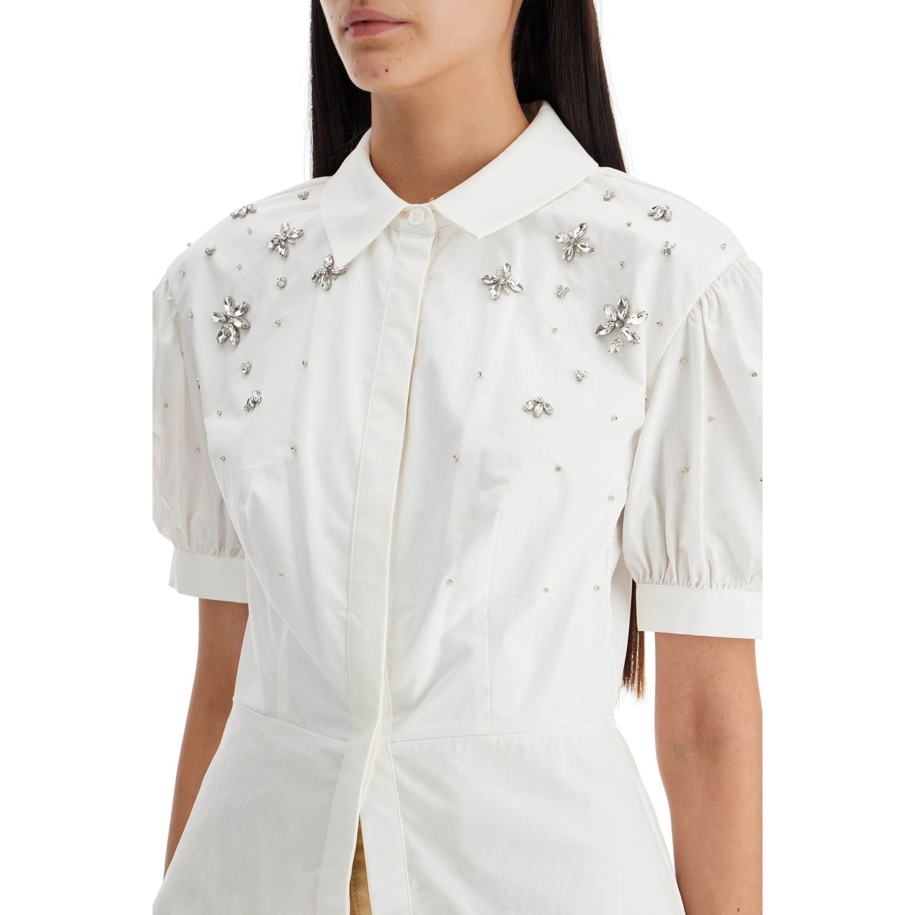 Crystal Embellished Puff Sleeve Cotton Shirt