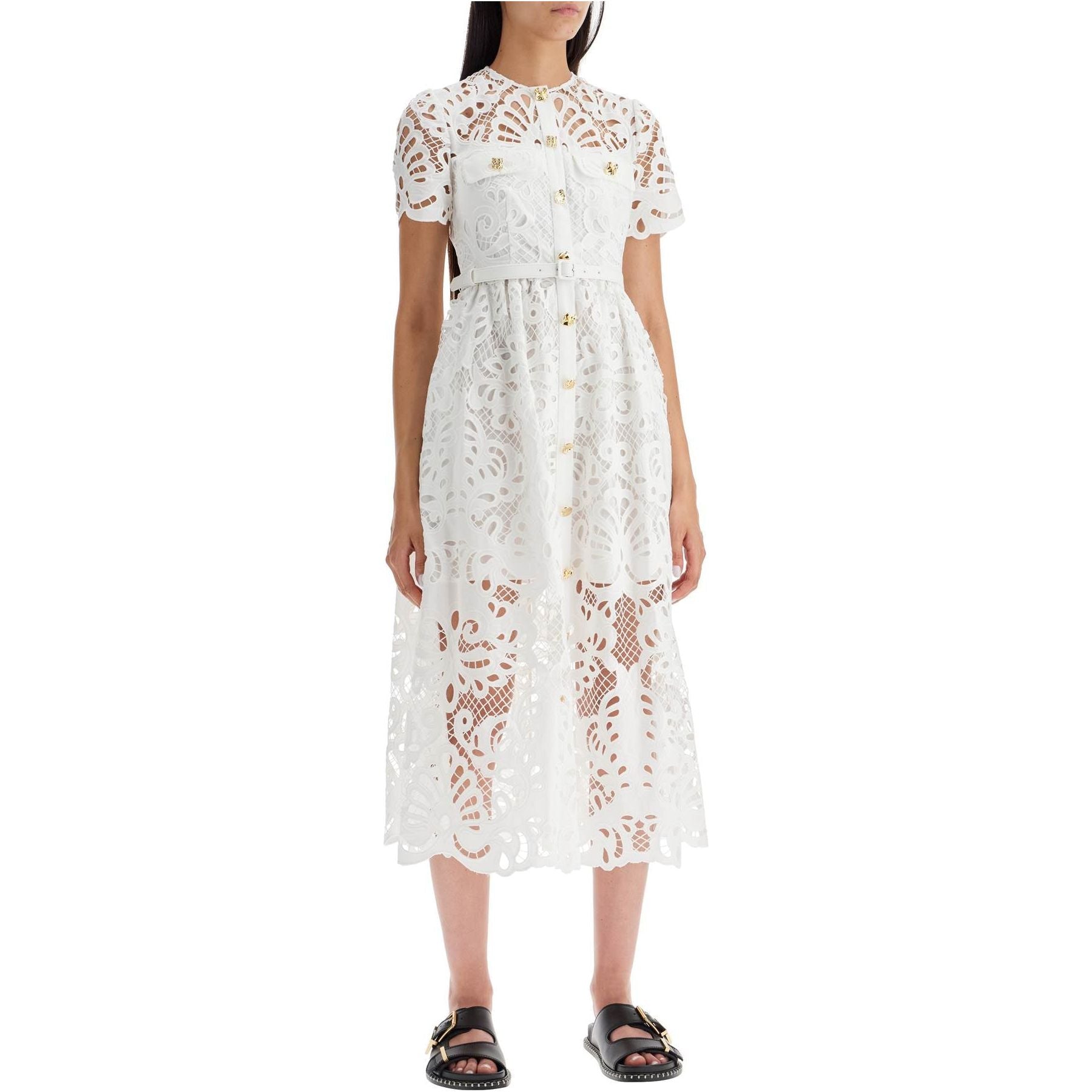 Floral Cotton Lace Buttoned Midi Dress