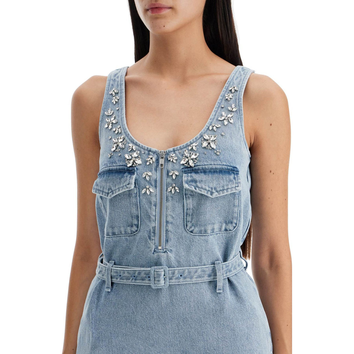 Floral Crystal Embellished Denim Dress