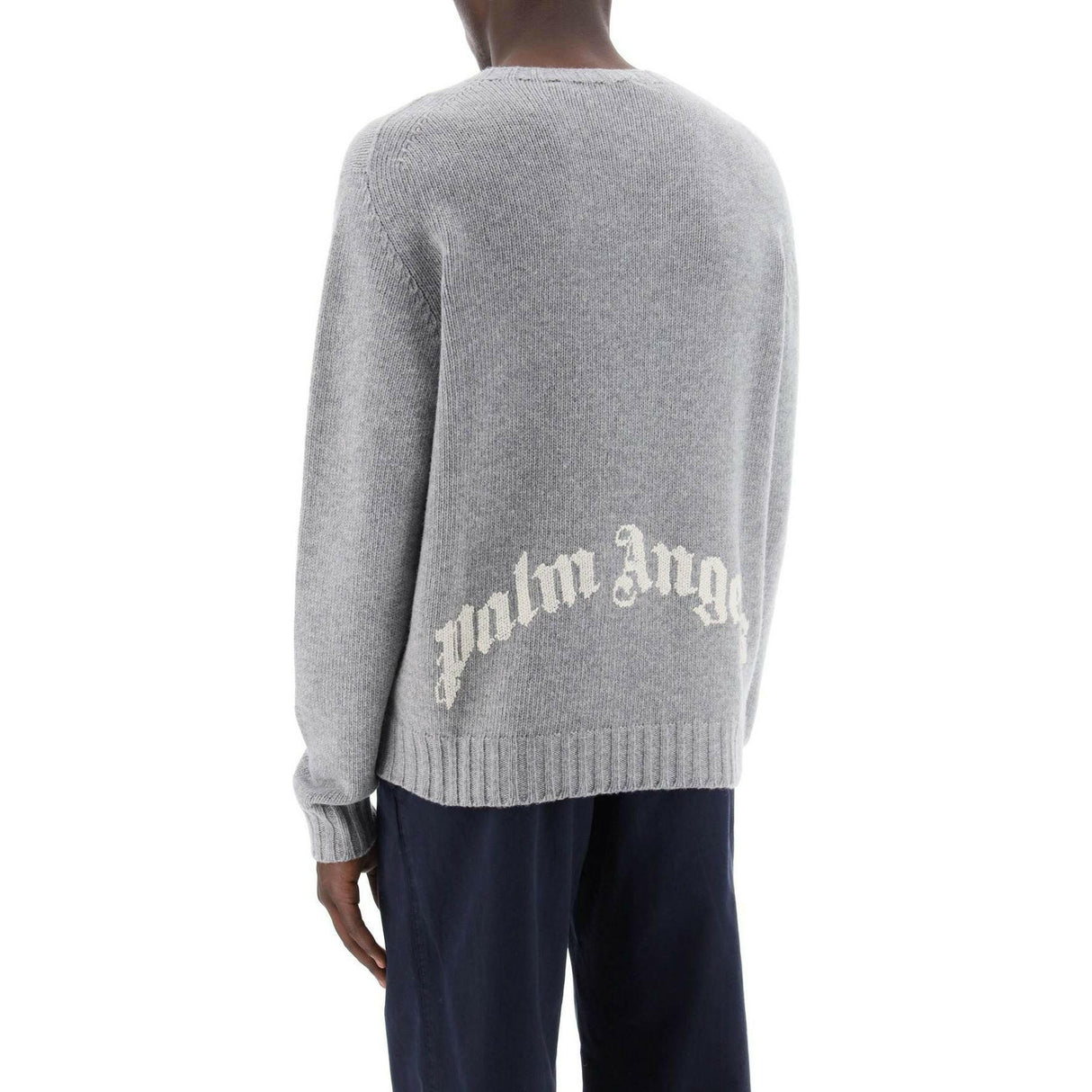 Wool-Blend Curved Intarsia Logo Crewneck Sweater.