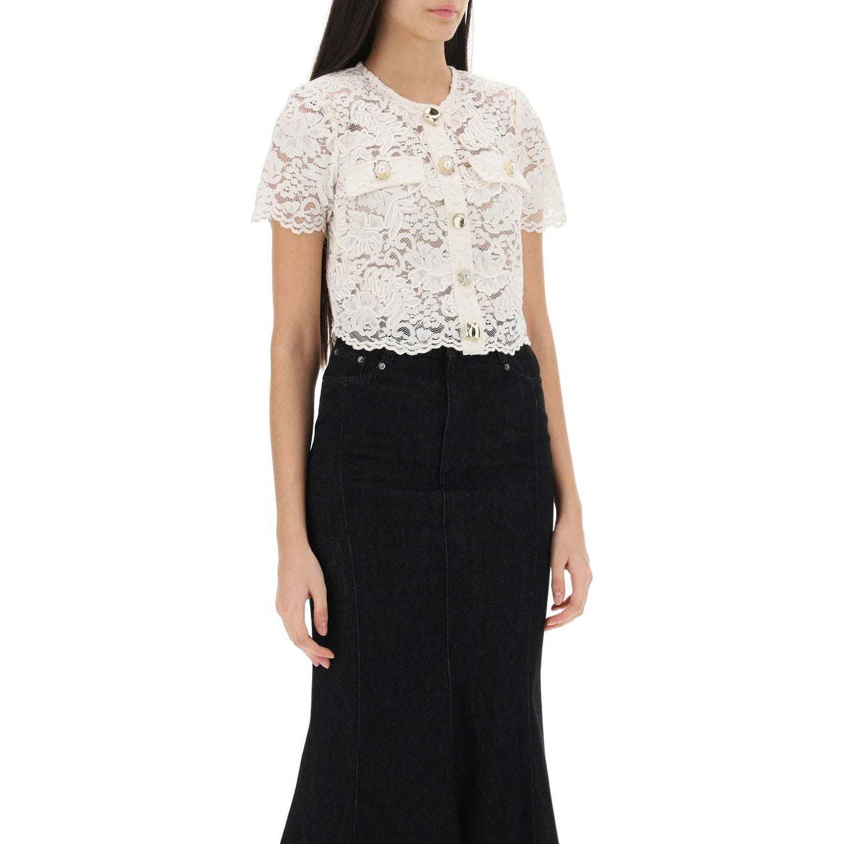 Lace Cropped Top With Diamanté Buttons