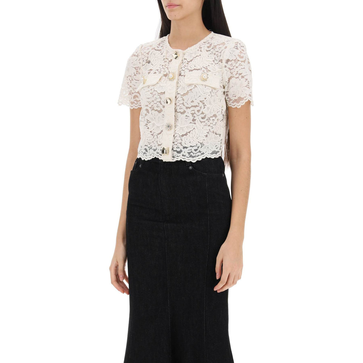 Lace Cropped Top With Diamanté Buttons