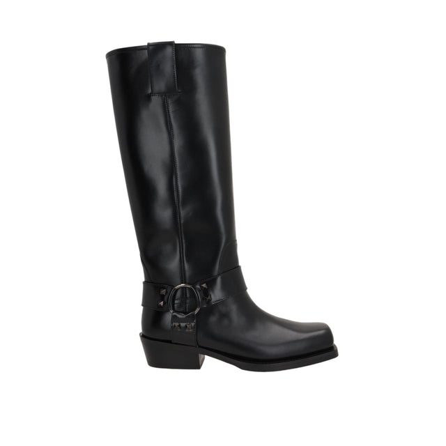 Rockstud Biker Boots In Brushed Leather-VALENTINO GARAVANI-JOHN JULIA